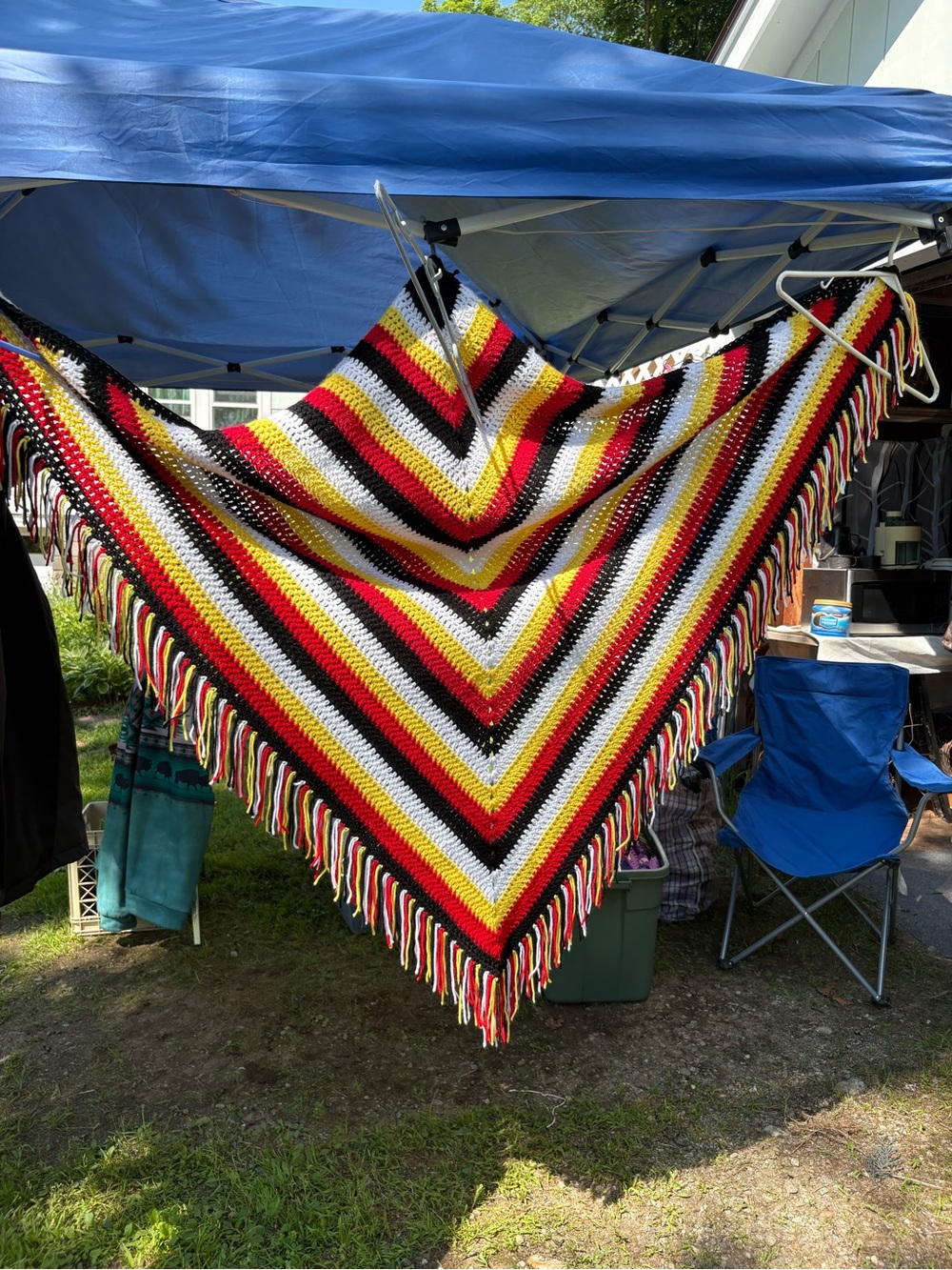 Striped V-Shaped Crochet Shawl in Red, Yellow, Black & White 56” W x47” L